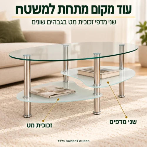 שולחן קפה זכוכית עם שני מדפי זכוכית מט מתחת למשטח