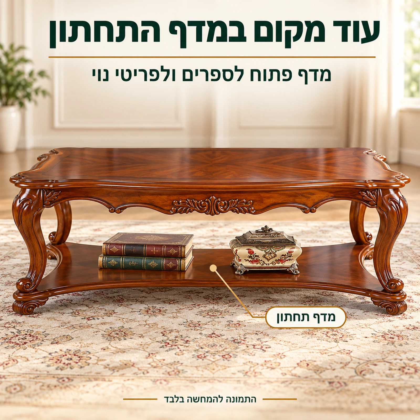 שולחן קפה מעץ HSC1607 עם מדף תחתון פתוח לספרים ולפריטי נוי
