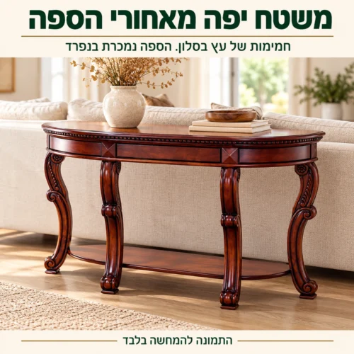 קונסולה מעץ מאחורי הספה בסלון – משטח נוסף וחמימות של עץ