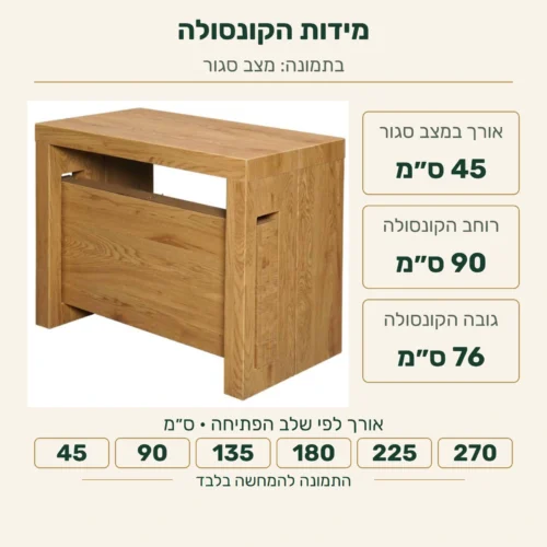 שולחן קונסולה Sonoma – מידות מצב סגור: אורך 45, רוחב 90 וגובה 76 ס״מ; שלבי אורך 45, 90, 135, 180, 225 ו270 ס״מ, על צילום מקורי