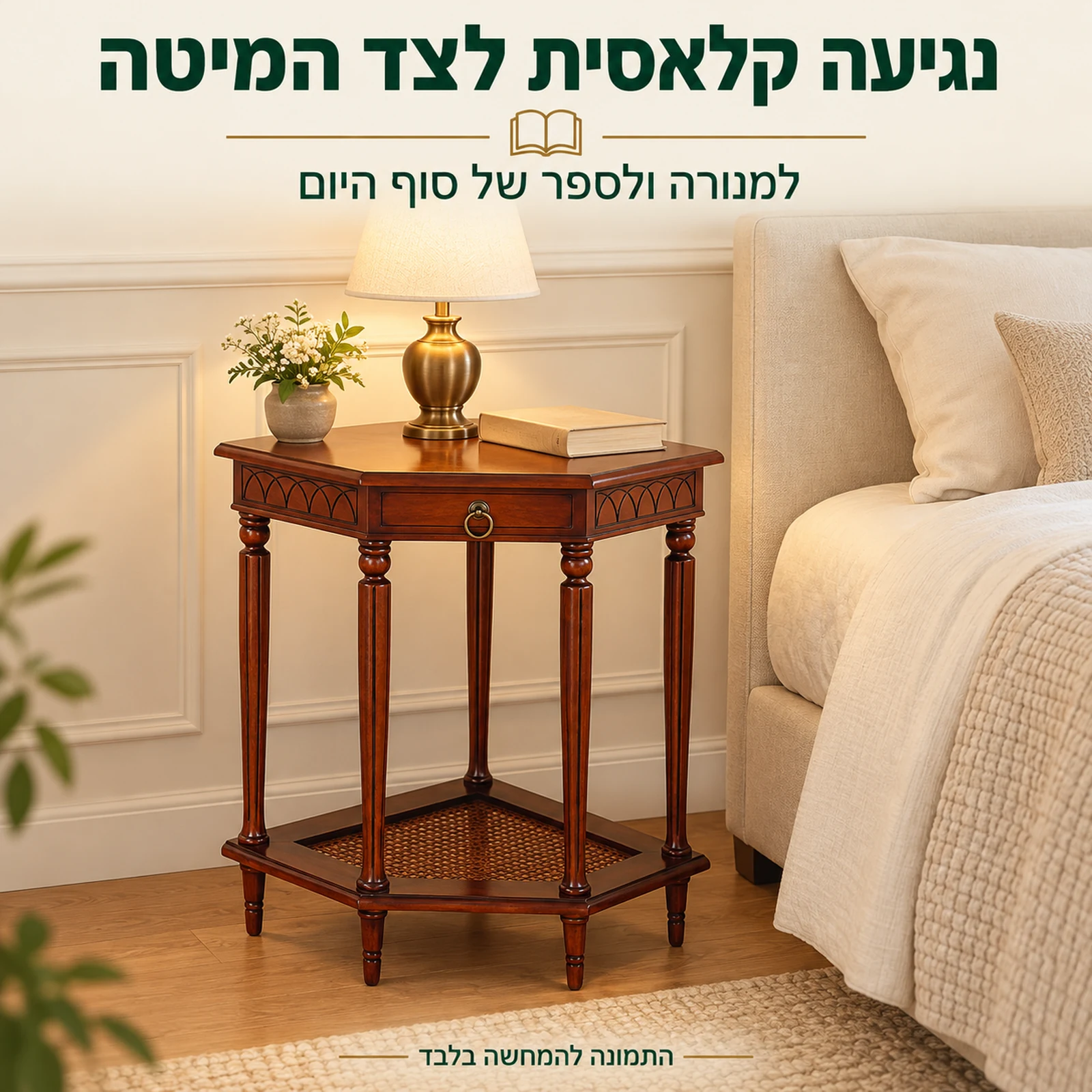 שולחן צד מעץ לצד מיטה בחדר שינה, עם מנורה וספר