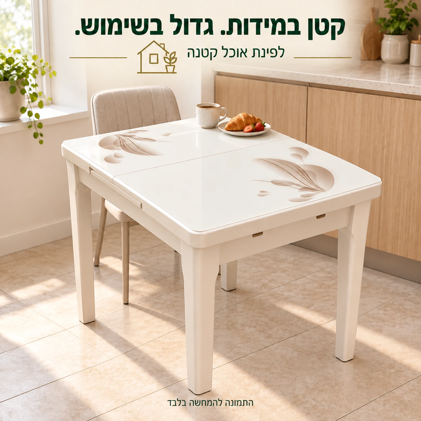 שולחן אוכל קטן מזכוכית בגוון שמנת בפינת אוכל קטנה