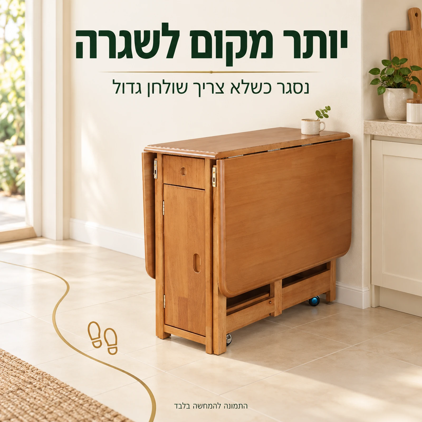 שולחן אוכל במצב מקופל לצד מעבר פנוי בפינת המטבח