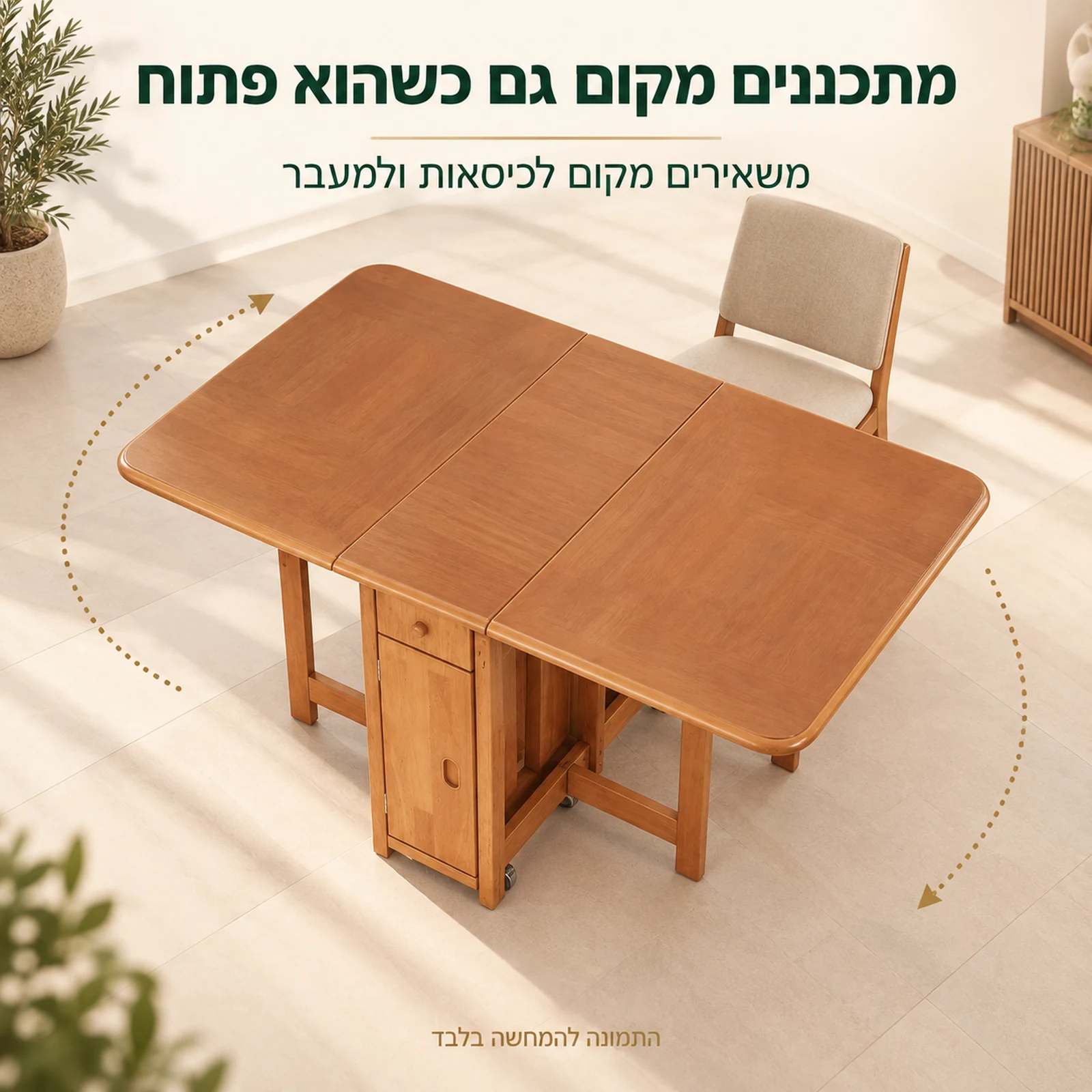 שולחן אוכל פתוח במבט מלמעלה ותכנון מקום לכיסאות ולמעבר