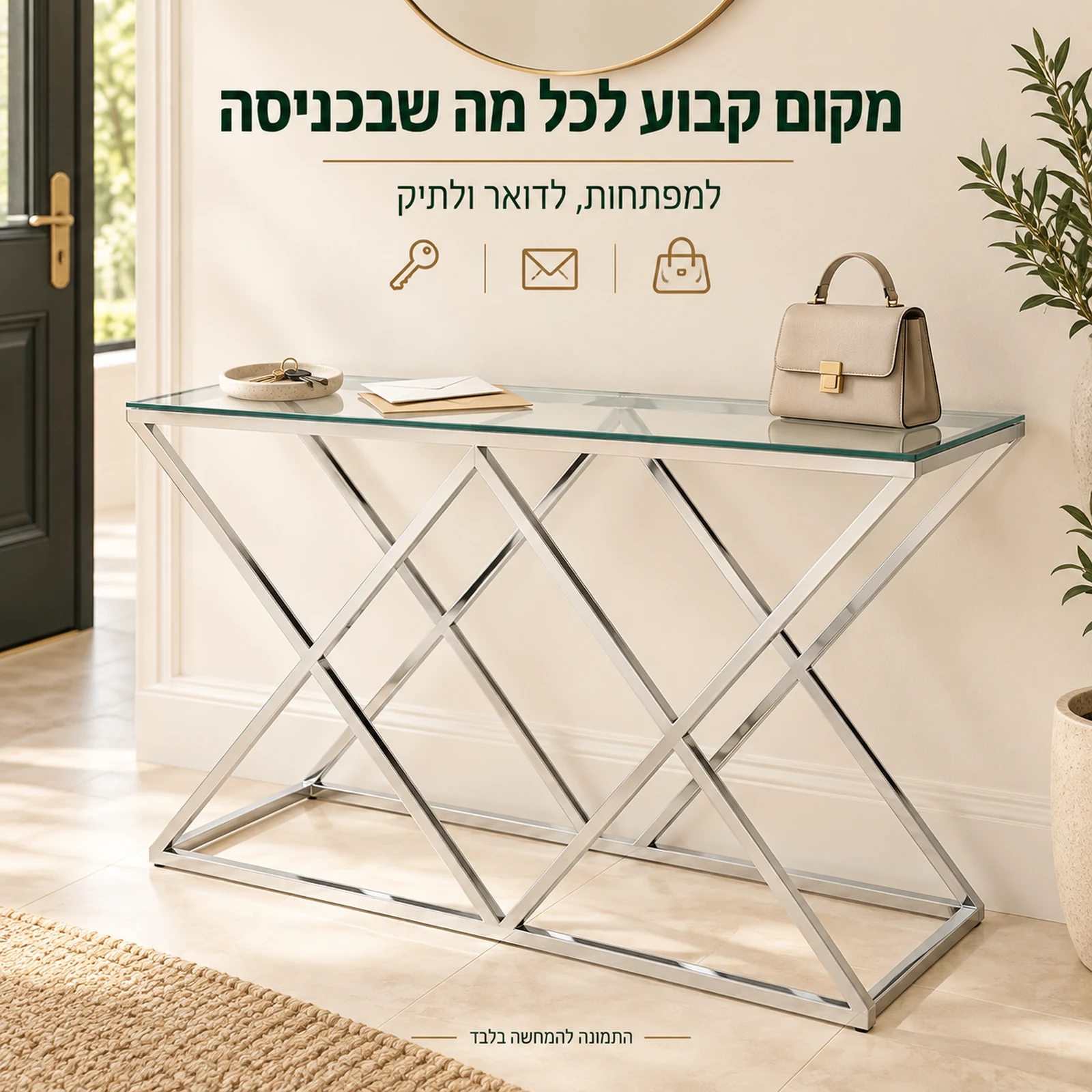 שידת קונסולה מזכוכית ומתכת בכניסה לבית עם מקום למפתחות לדואר ולתיק