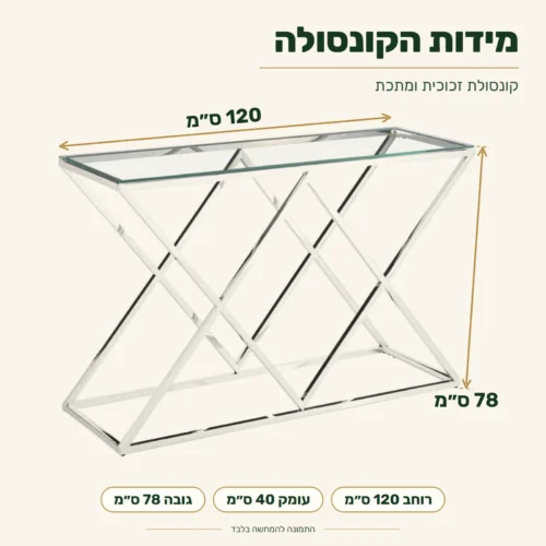 קונסולת זכוכית ומתכת – מידות: רוחב 120 ס״מ, עומק 40 ס״מ, גובה 78 ס״מ