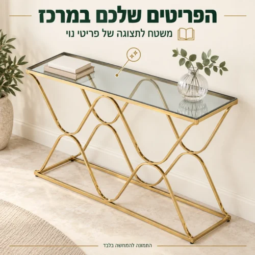 שידת זכוכית לתצוגת ספרי אמנות וכלי נוי על המשטח
