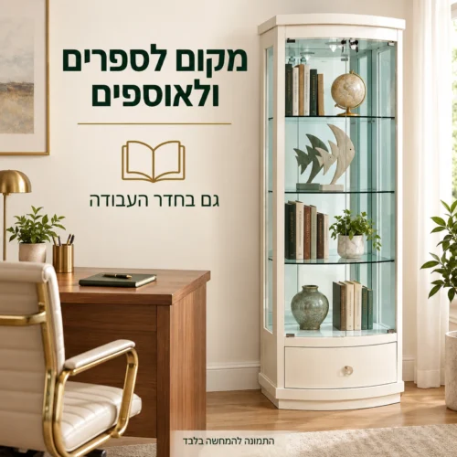ויטרינת זכוכית בחדר עבודה להצגת ספרים ואוספים