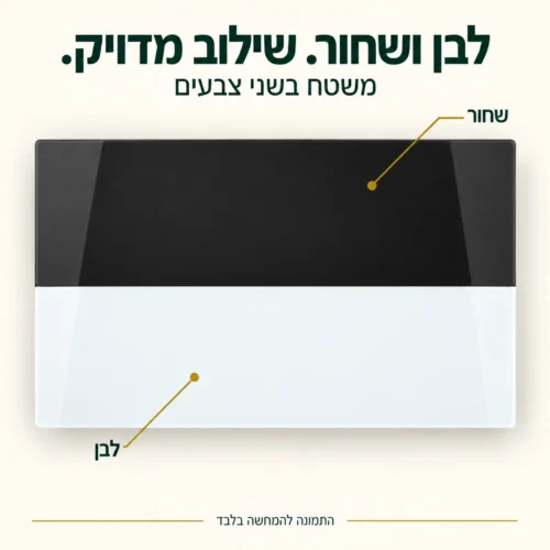 מבט על משטח שולחן מזכוכית בשילוב לבן ושחור