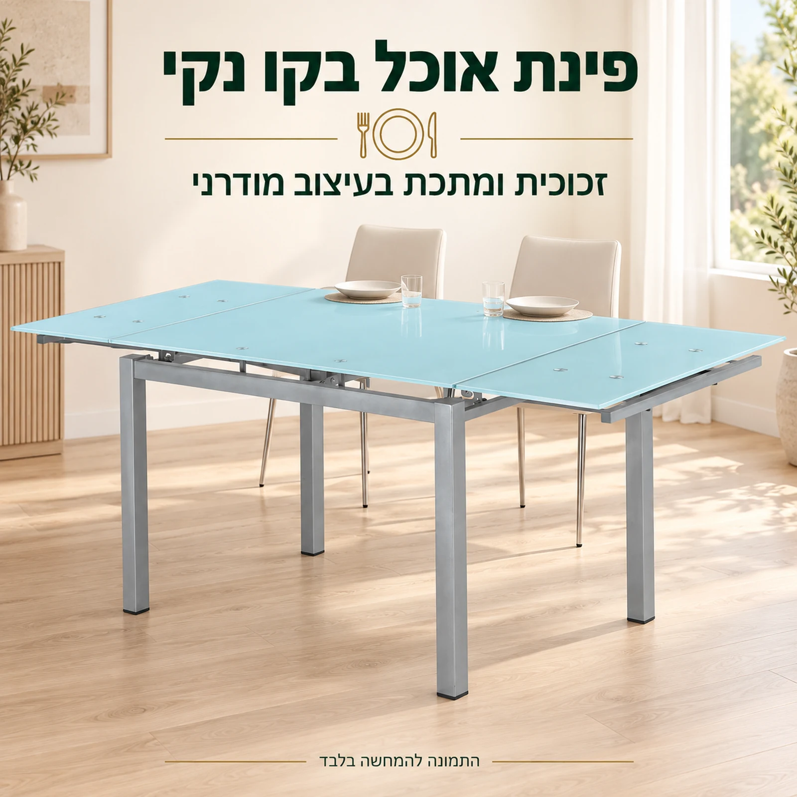 שולחן אוכל עם פלטת זכוכית ורגלי מתכת בפינת אוכל מודרנית