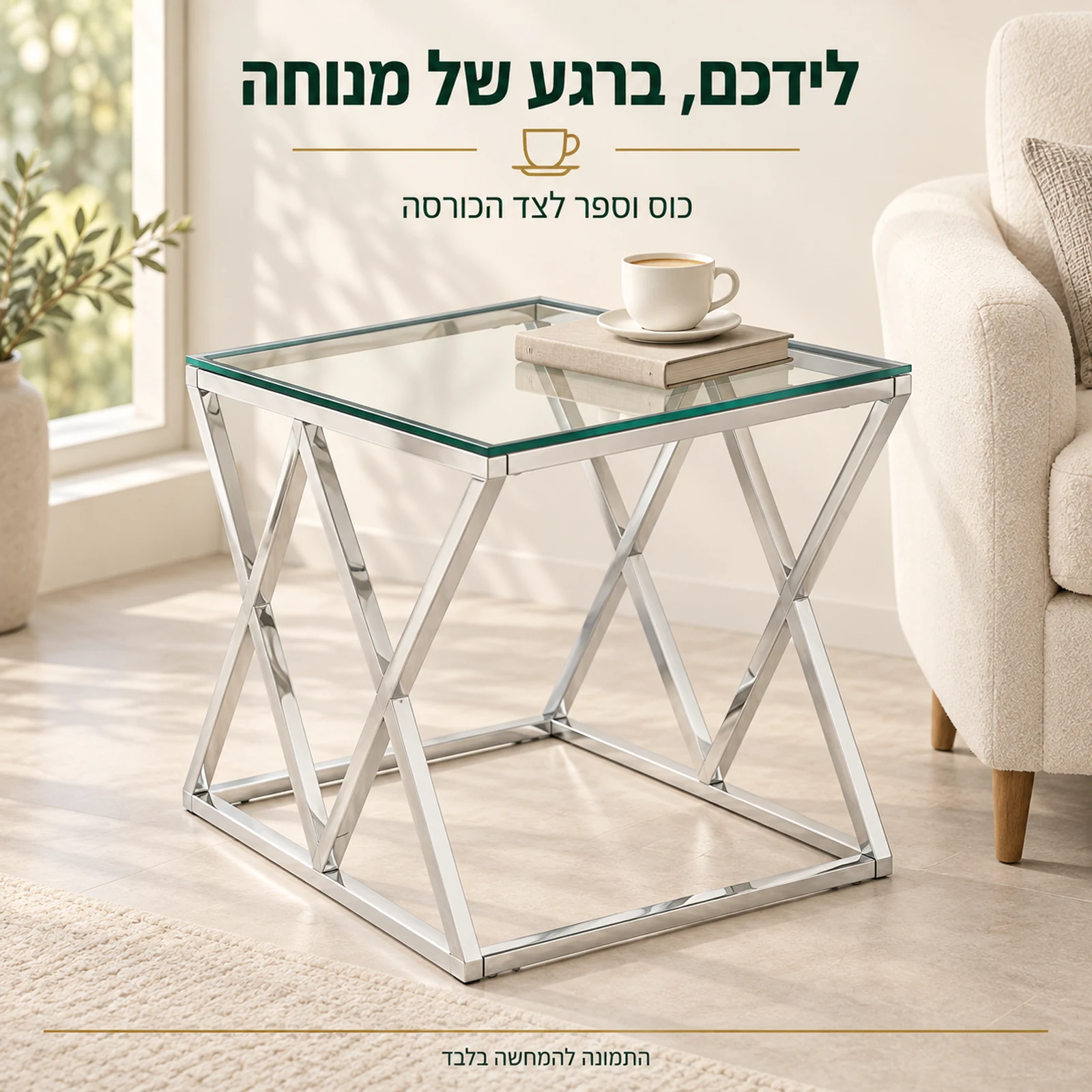 שולחן צד מזכוכית שקופה ומסגרת אלומיניום לצד כורסה עם כוס וספר