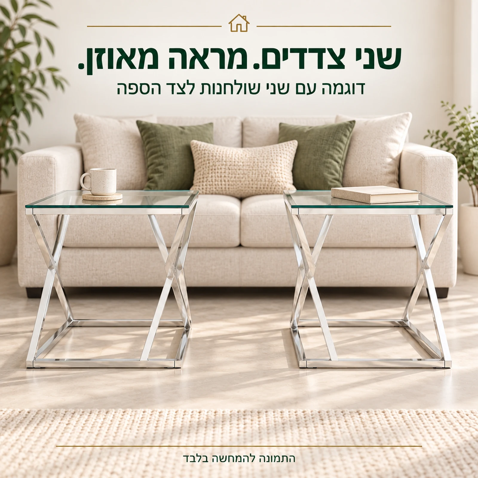 דוגמה עם שני שולחנות צד מזכוכית לצד הספה למראה מאוזן