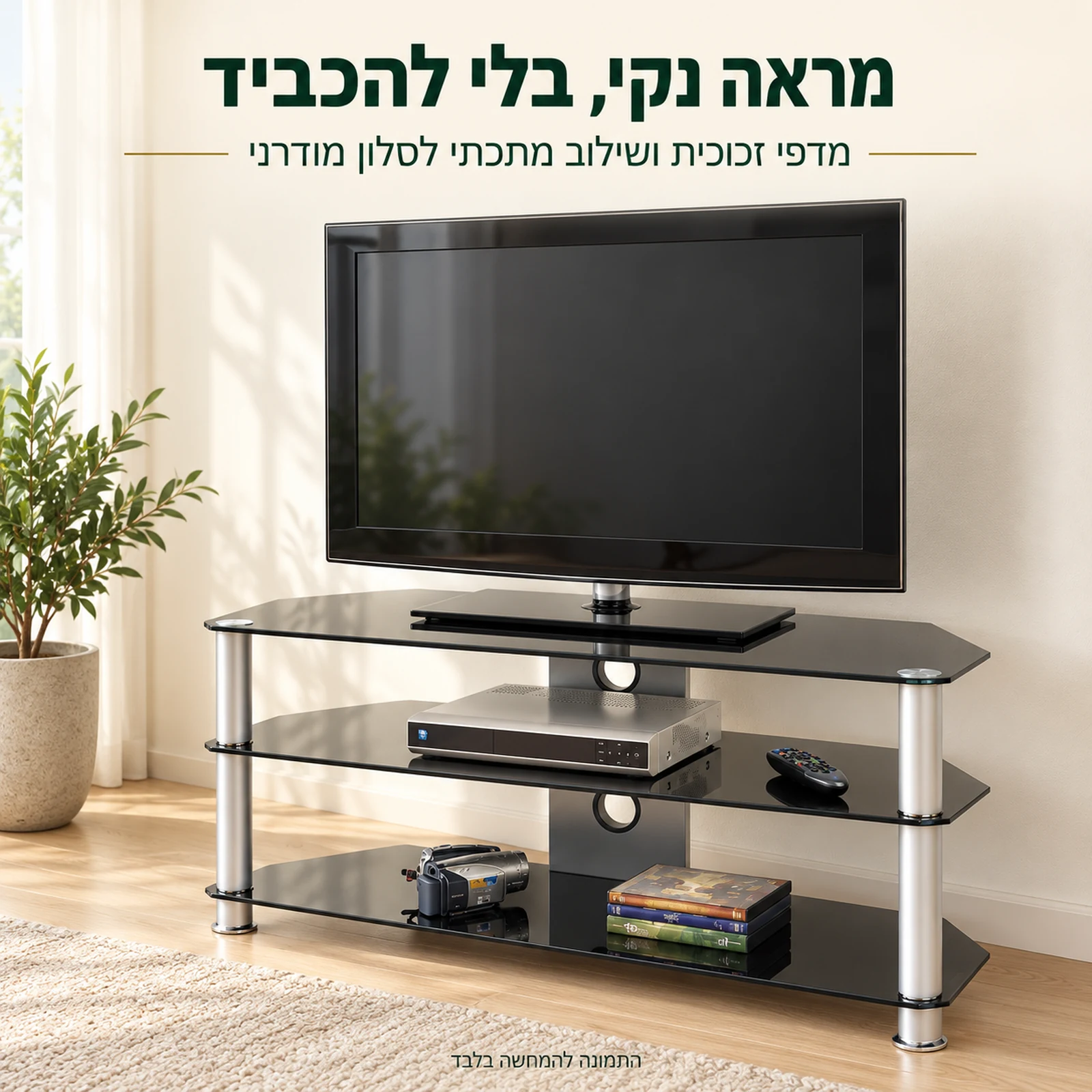 מעמד לטלוויזיה מזכוכית ומתכת בסלון מודרני – מראה נקי וקליל