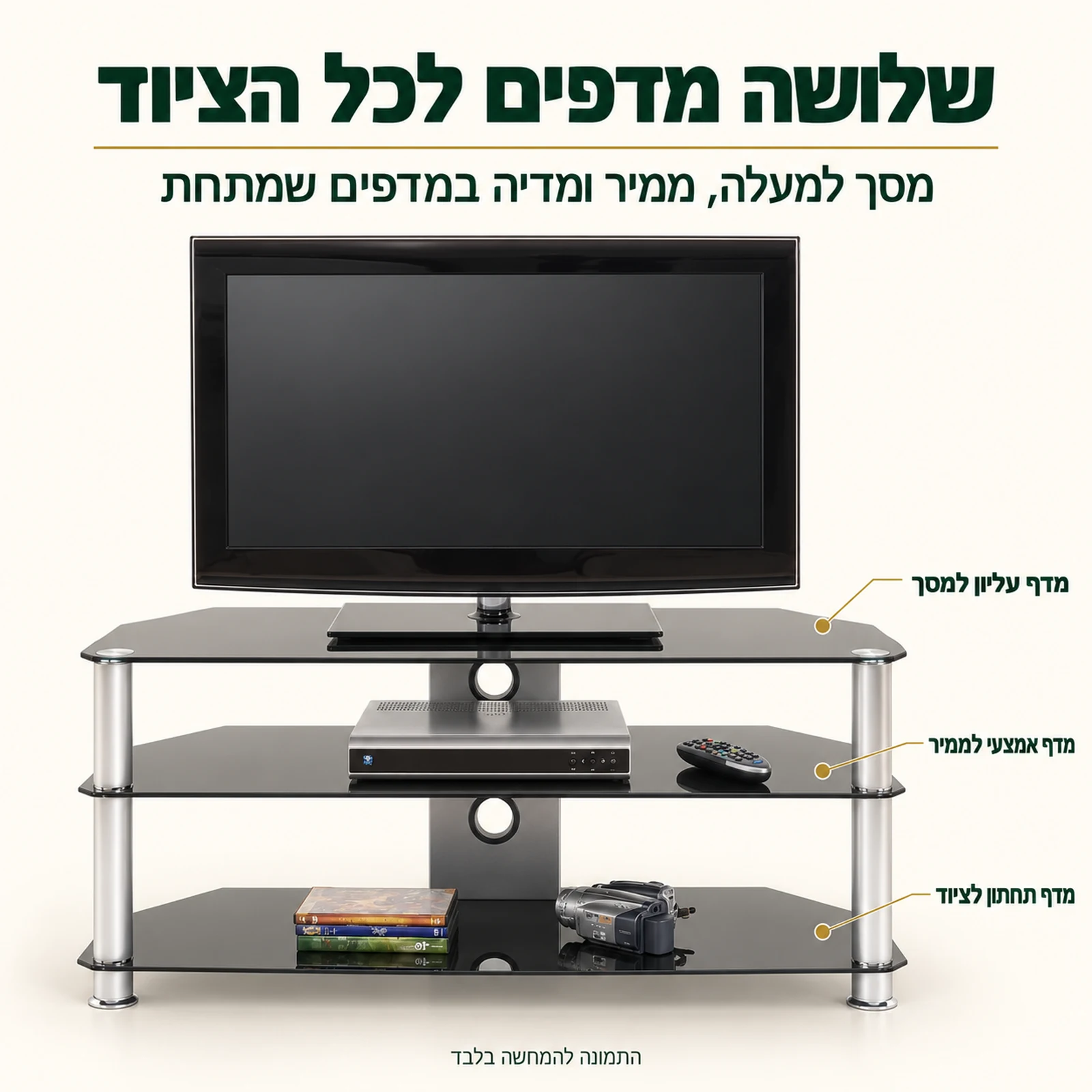 מעמד לטלוויזיה מזכוכית עם שלושה מדפים למסך, לממיר ולמדיה
