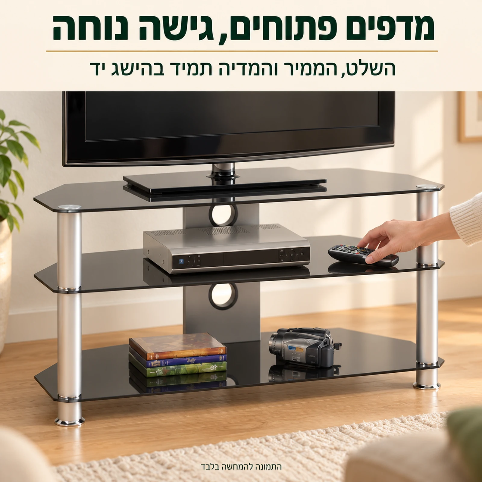 מעמד לטלוויזיה מזכוכית עם מדפים פתוחים – גישה נוחה לציוד