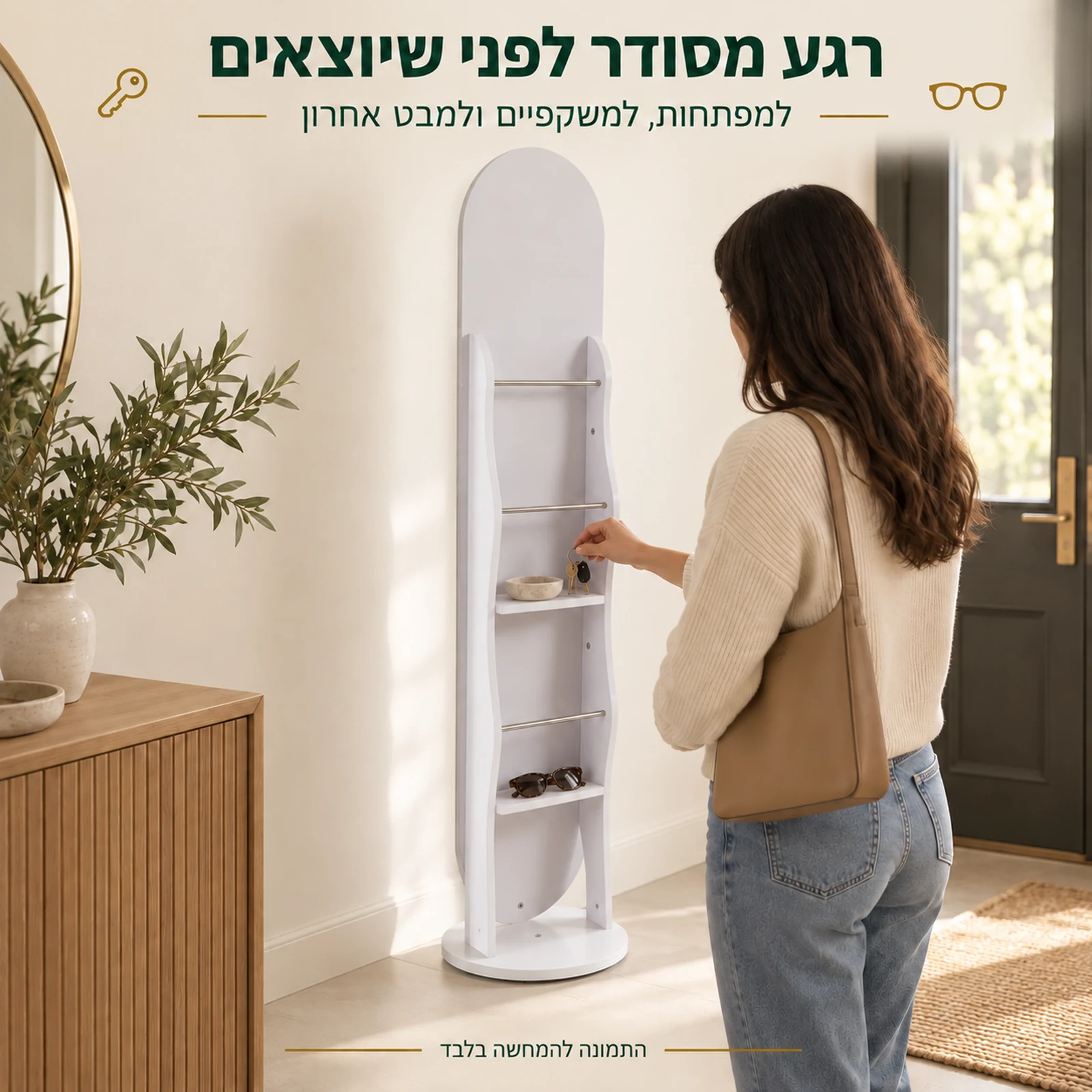 מראה לבנה עם מדפים – אחסון מפתחות ומשקפיים בכניסה לבית