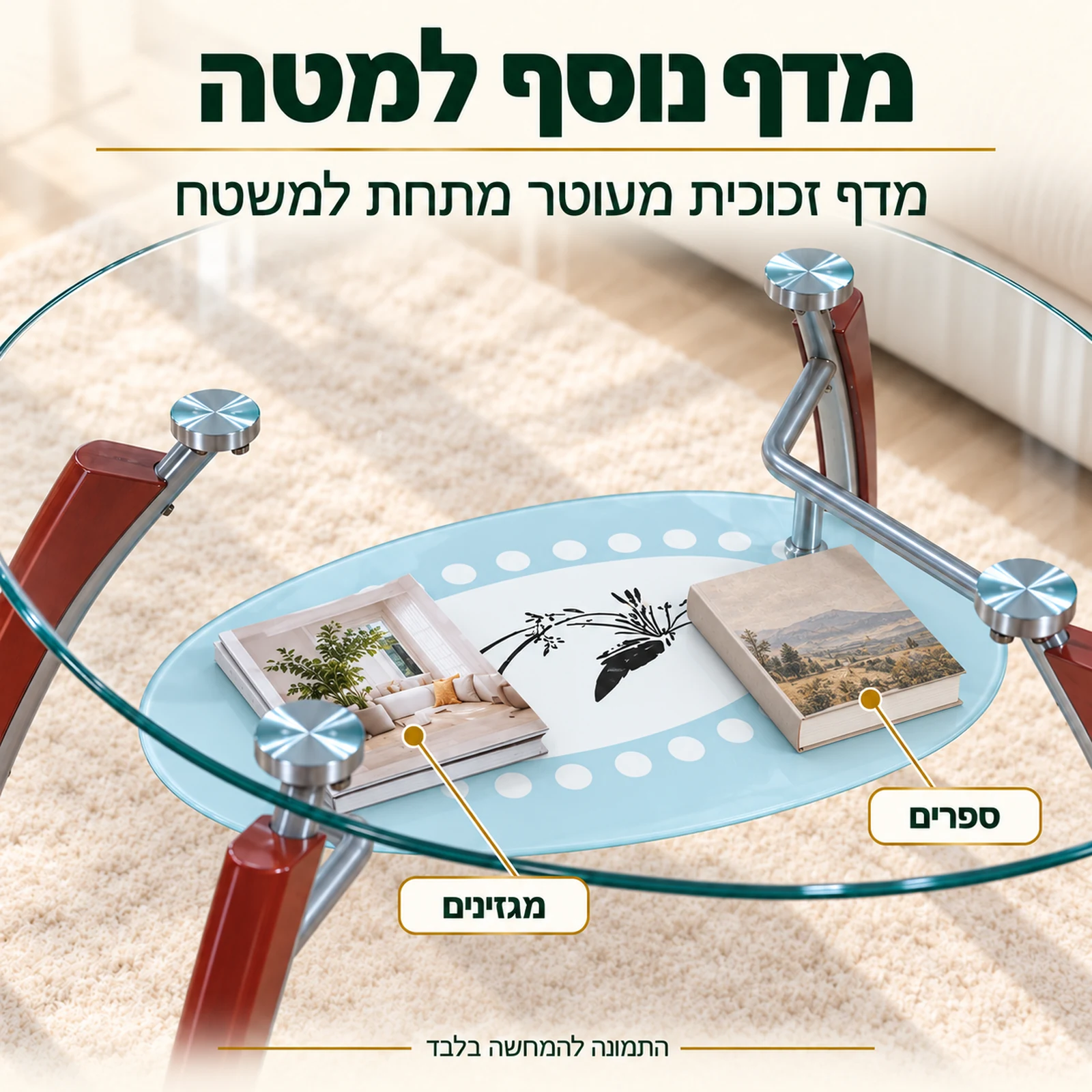שולחן קפה אובלי מזכוכית עם מדף זכוכית מעוטר מתחת למשטח