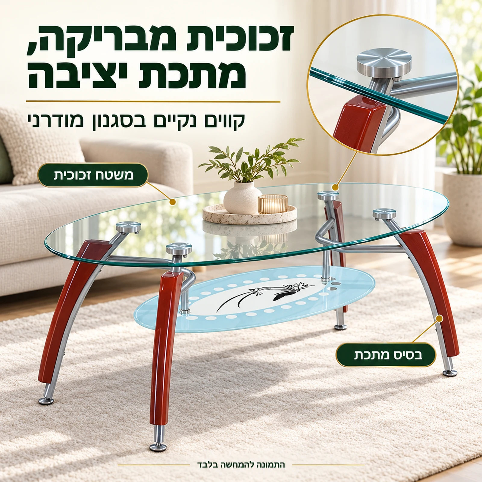 שולחן קפה אובלי מזכוכית – משטח זכוכית מבריק על בסיס מתכת יציב
