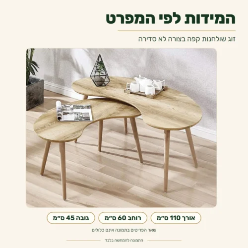 זוג שולחנות קפה בצורה לא סדירה – מידות: אורך 110 ס״מ, רוחב 60 ס״מ, גובה 45 ס״מ