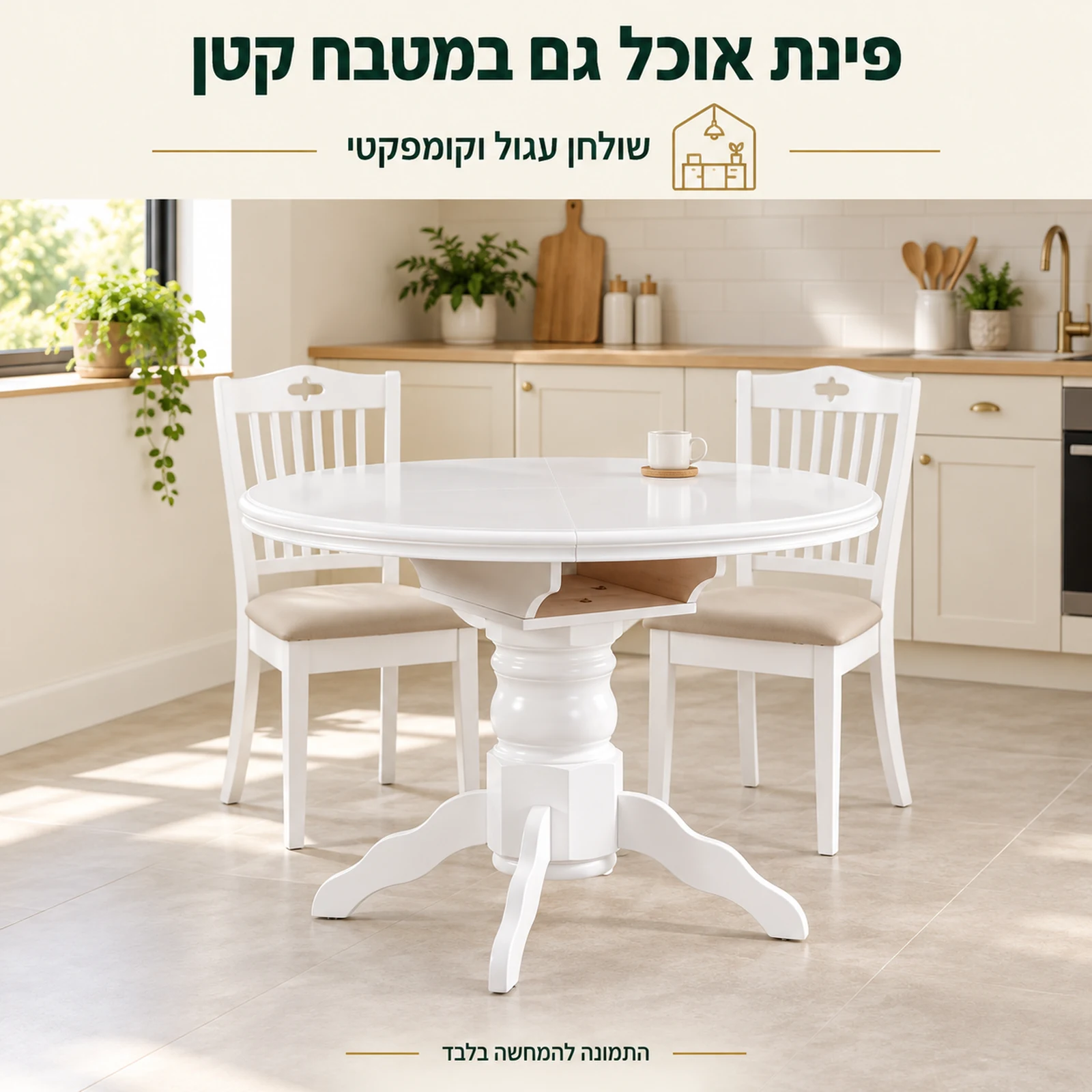 שולחן אוכל עגול לבן וקומפקטי בפינת אוכל במטבח