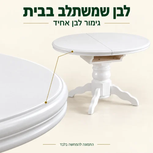גימור לבן אחיד ופרופיל שפת המשטח של שולחן אוכל עגול