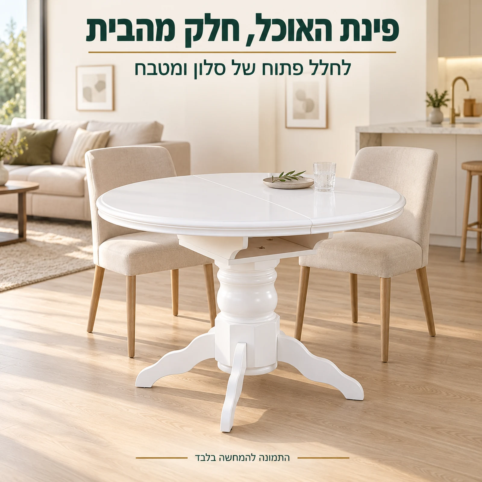 שולחן אוכל עגול לבן בחלל פתוח של סלון ומטבח