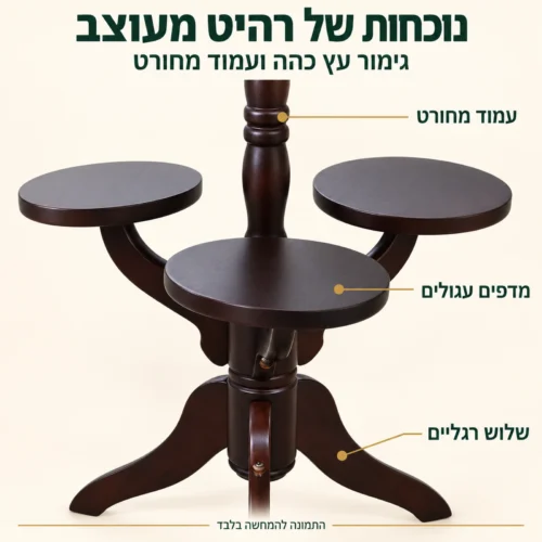 פרטי שולחן הצד העגול: גימור עץ כהה, עמוד מחורט ושלושה מדפים עגולים