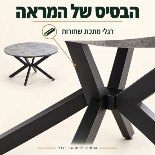 שולחן אוכל עגול – תקריב רגלי המתכת השחורות והחיבור המרכזי