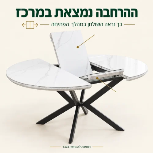 שולחן קרמיקה לבן במהלך הפתיחה עם הפלטה המרכזית והמסילות הנראות בתצלום