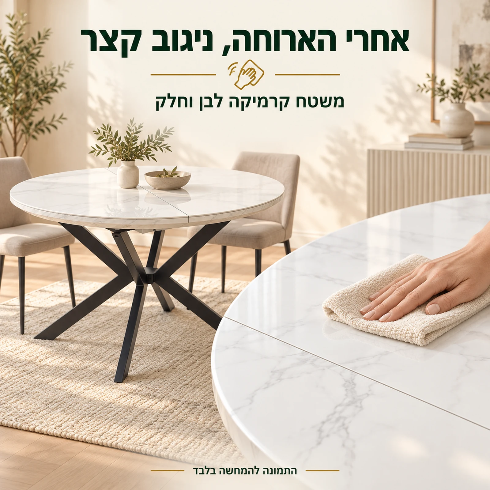 משטח קרמיקה לבן וחלק של שולחן עגול נפתח בהדגמת ניגוב