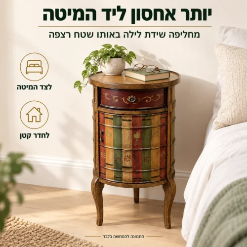 שידה כפרית צרה מעץ לצד המיטה – יותר אחסון בחדר שינה קטן