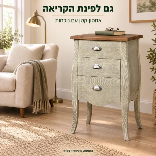 שידת עץ כפרית בפינת קריאה לצד כורסה בסלון