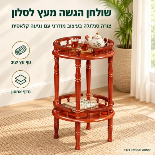 שולחן הגשה מעץ סגלגל – עיצוב מודרני עם נגיעה קלאסית לסלון