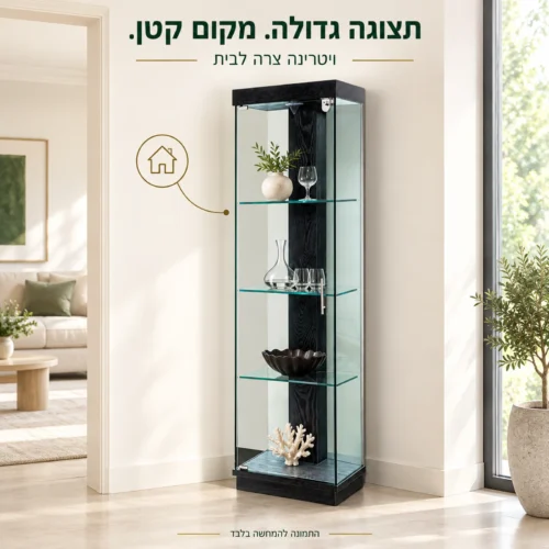 ויטרינה שחורה צרה עם זכוכית שקופה בנישה בבית