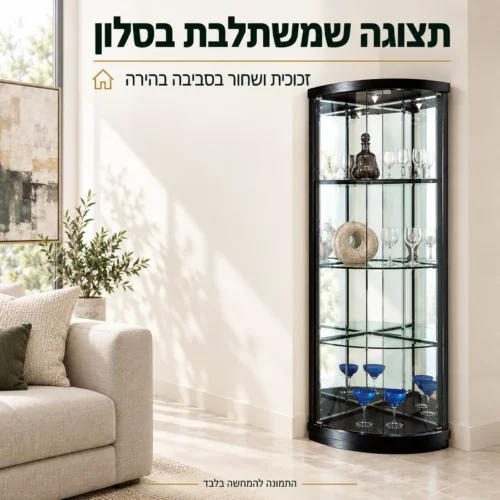 ויטרינה זכוכית פינתית שחורה בסלון בהיר ומודרני