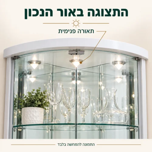 תאורה פנימית בחלק העליון של ויטרינה פינתית לבנה