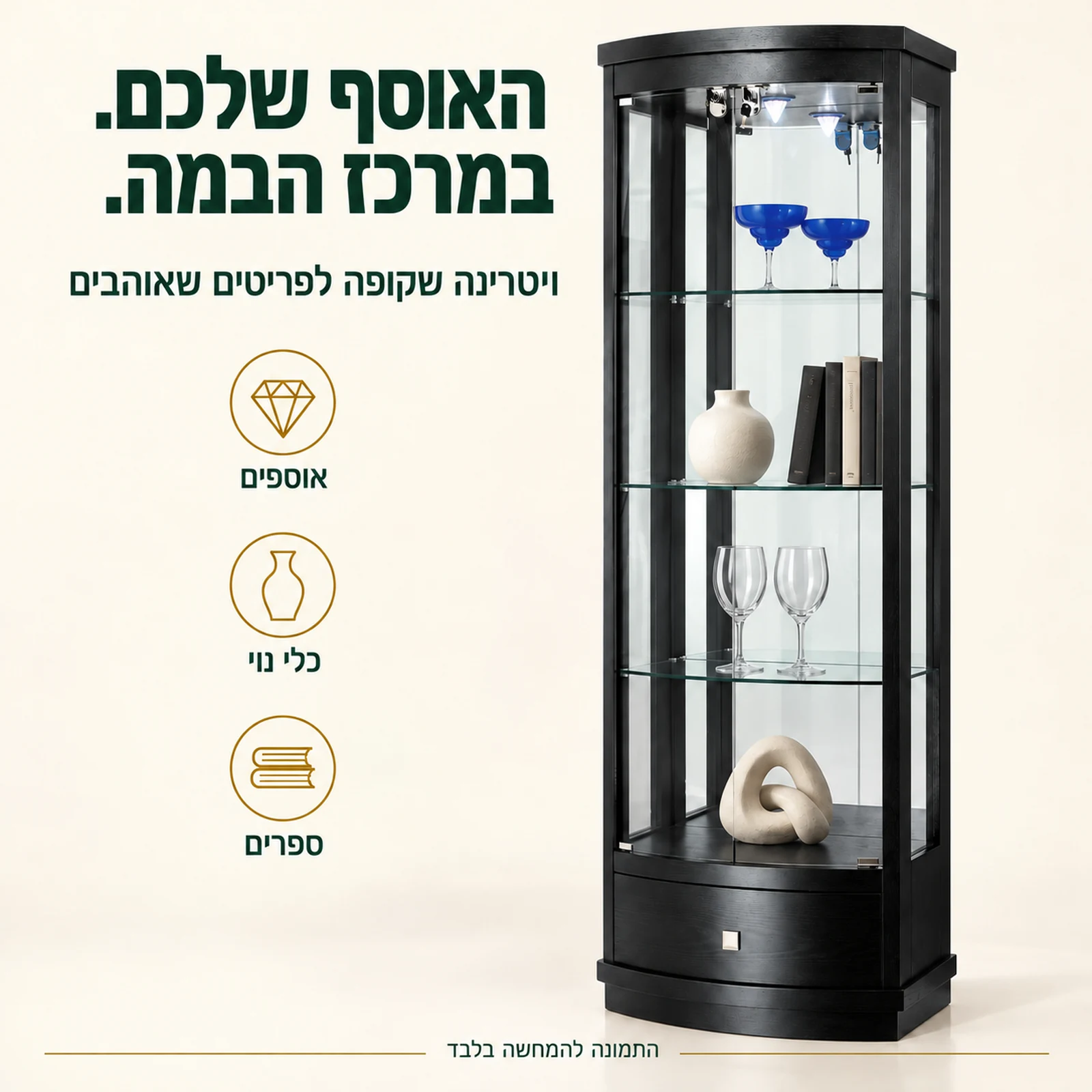 ויטרינה שחורה עם דלתות זכוכית לתצוגת אוספים, כלי נוי וספרים