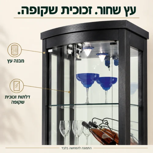 תקריב מבנה עץ שחור ודלתות זכוכית שקופה של הוויטרינה