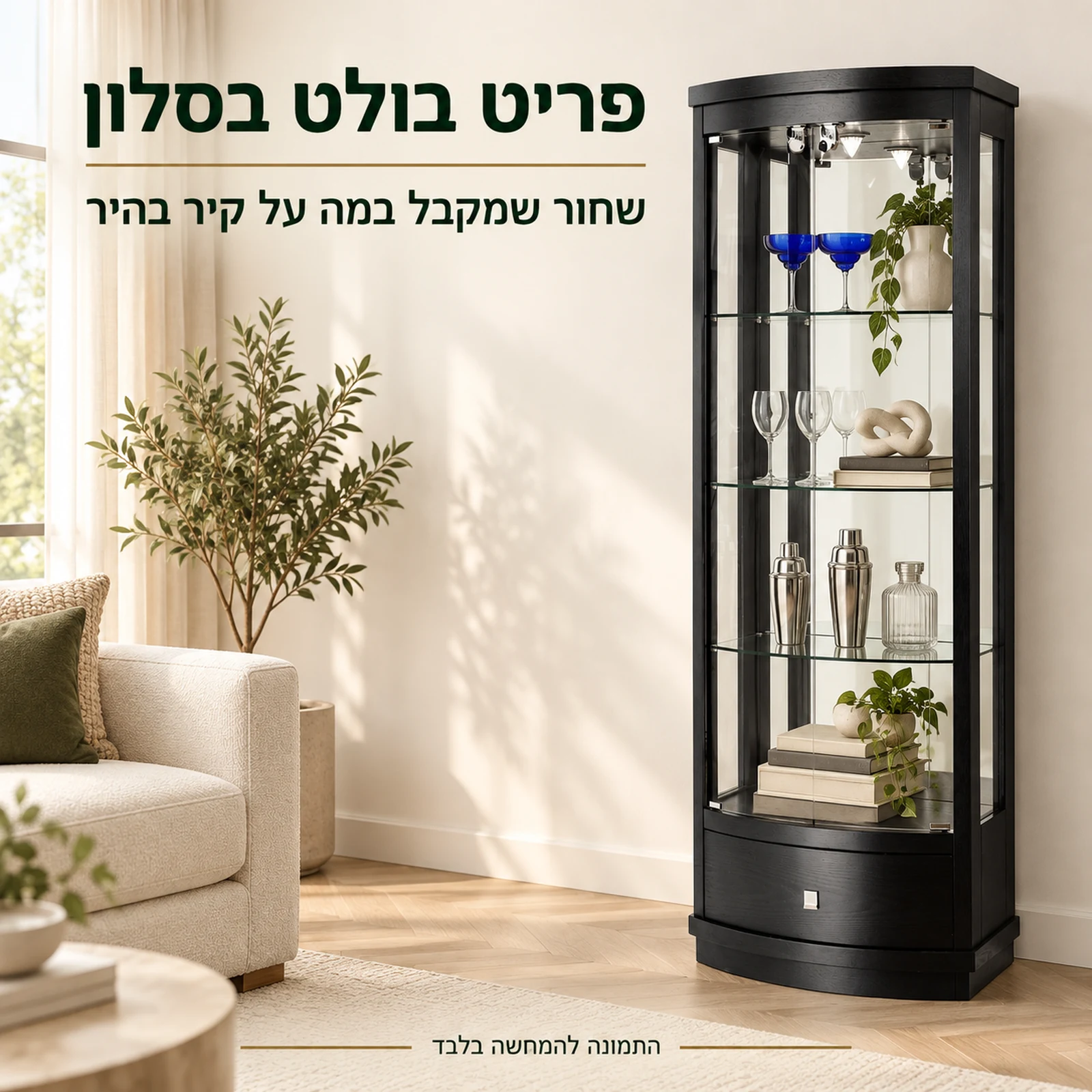 ויטרינה שחורה בסגנון ארט נובו על קיר בהיר בסלון