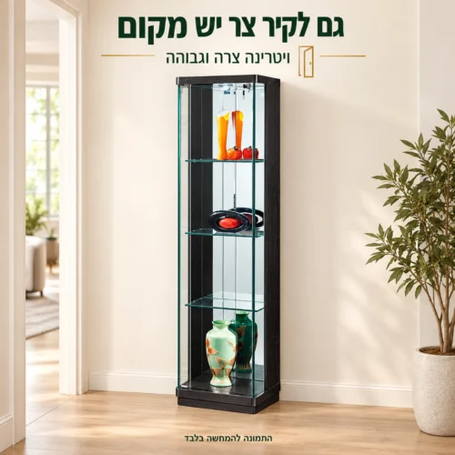 ויטרינה שחורה צרה וגבוהה לצד קיר צר בכניסה לבית