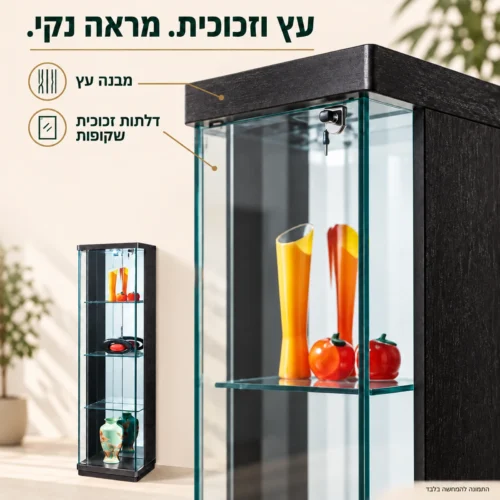 ויטרינה שחורה עם מבנה עץ ודלתות זכוכית שקופות