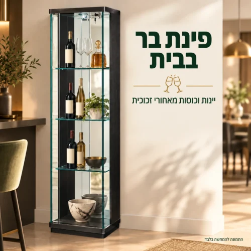ויטרינה שחורה עם יינות וכוסות מאחורי זכוכית בפינת בר ביתית