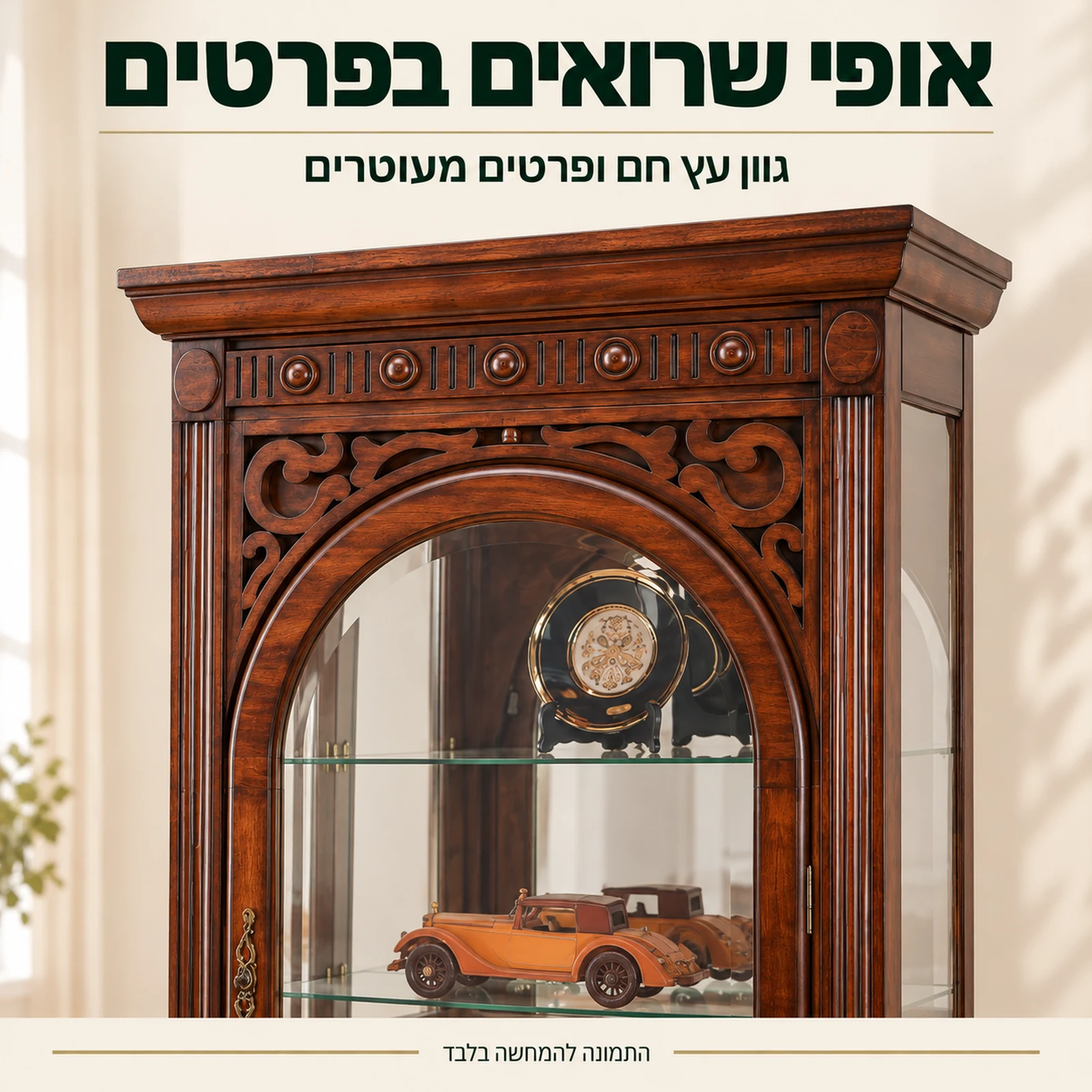 ויטרינת זכוכית – קשת מעוטרת ופרטי העץ