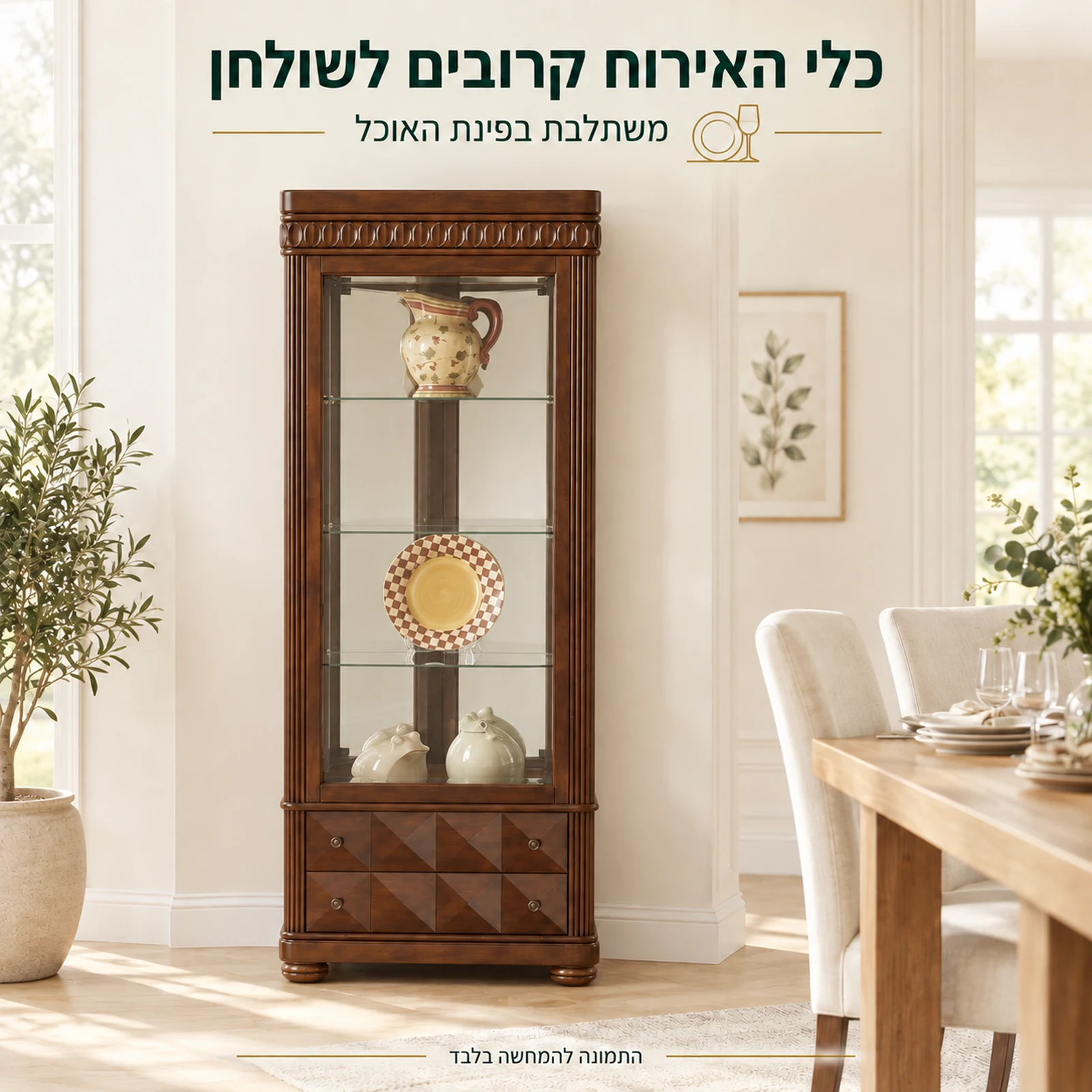 ויטרינה בגוון חום לצד שולחן בפינת האוכל