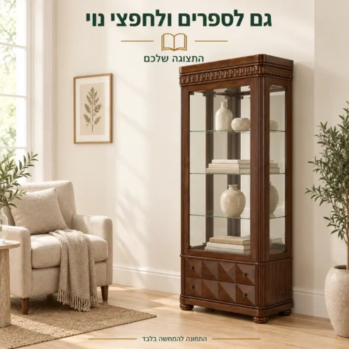 ויטרינה עם ספרים וחפצי נוי בפינת קריאה