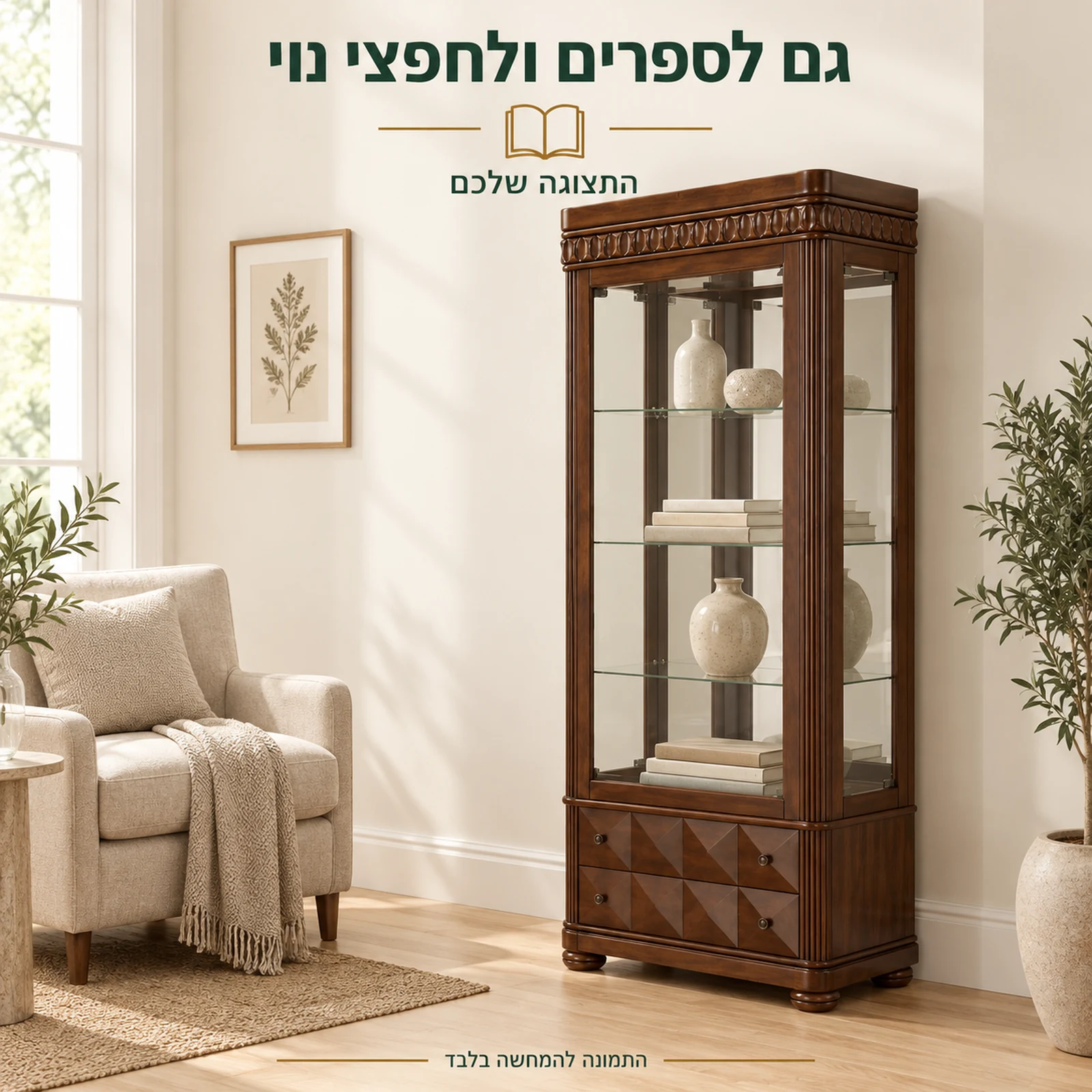 ויטרינה עם ספרים וחפצי נוי בפינת קריאה