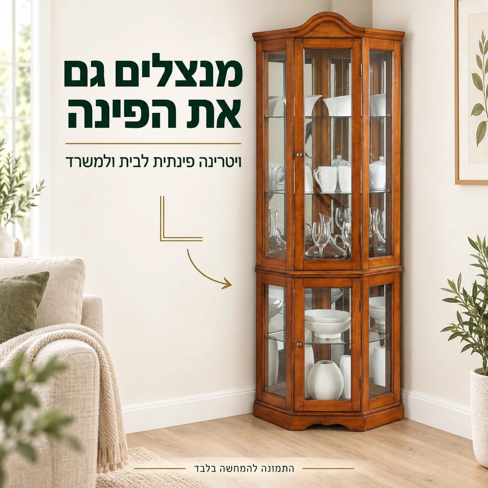 ויטרינה פינתית מעץ עם מדפי זכוכית – מנצלים גם את הפינה