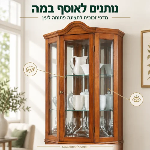 ויטרינה פינתית מעץ עם מדפי זכוכית – נותנים לאוסף במה