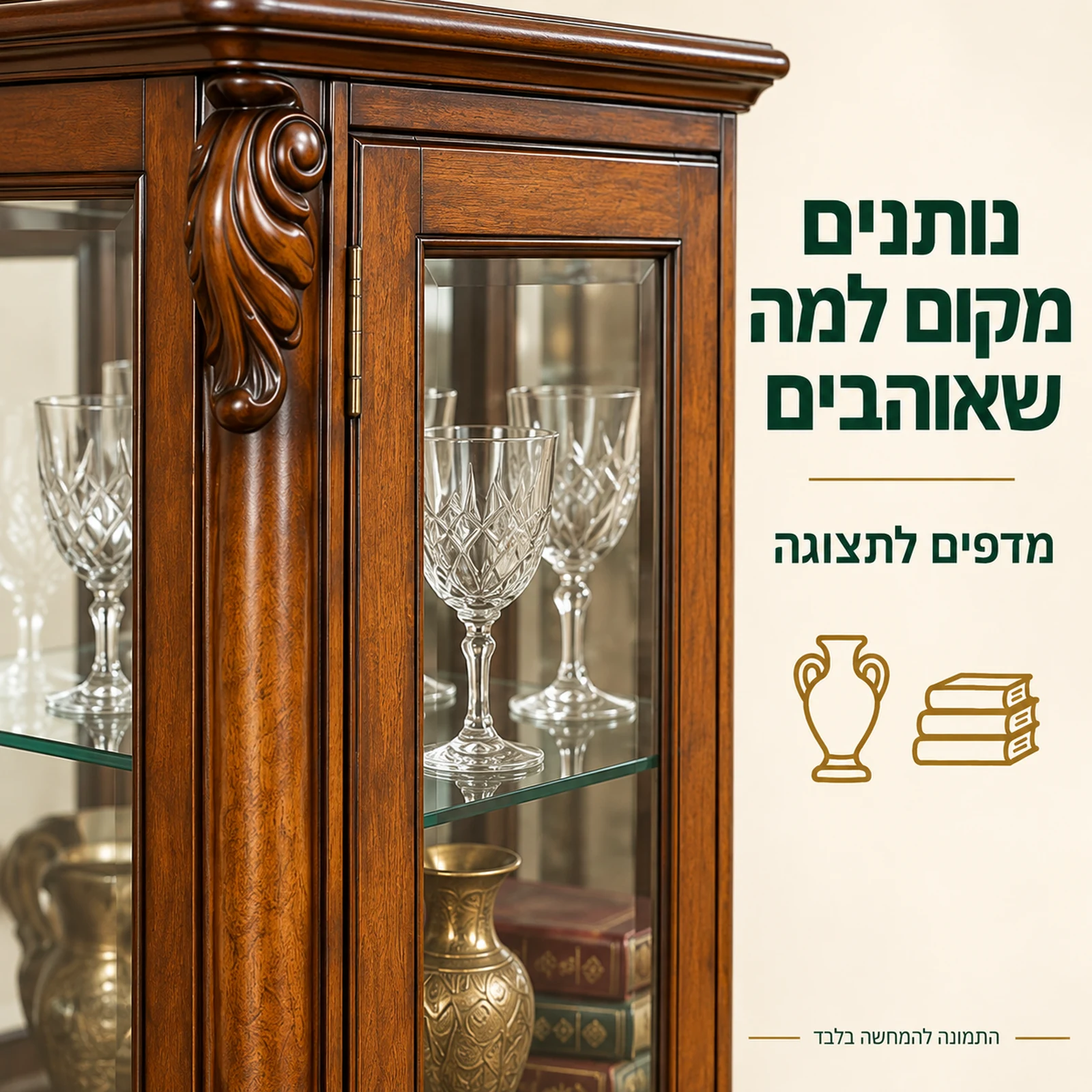 מבט מקרוב על מדפי התצוגה ודלת הזכוכית של ויטרינה קלאסית