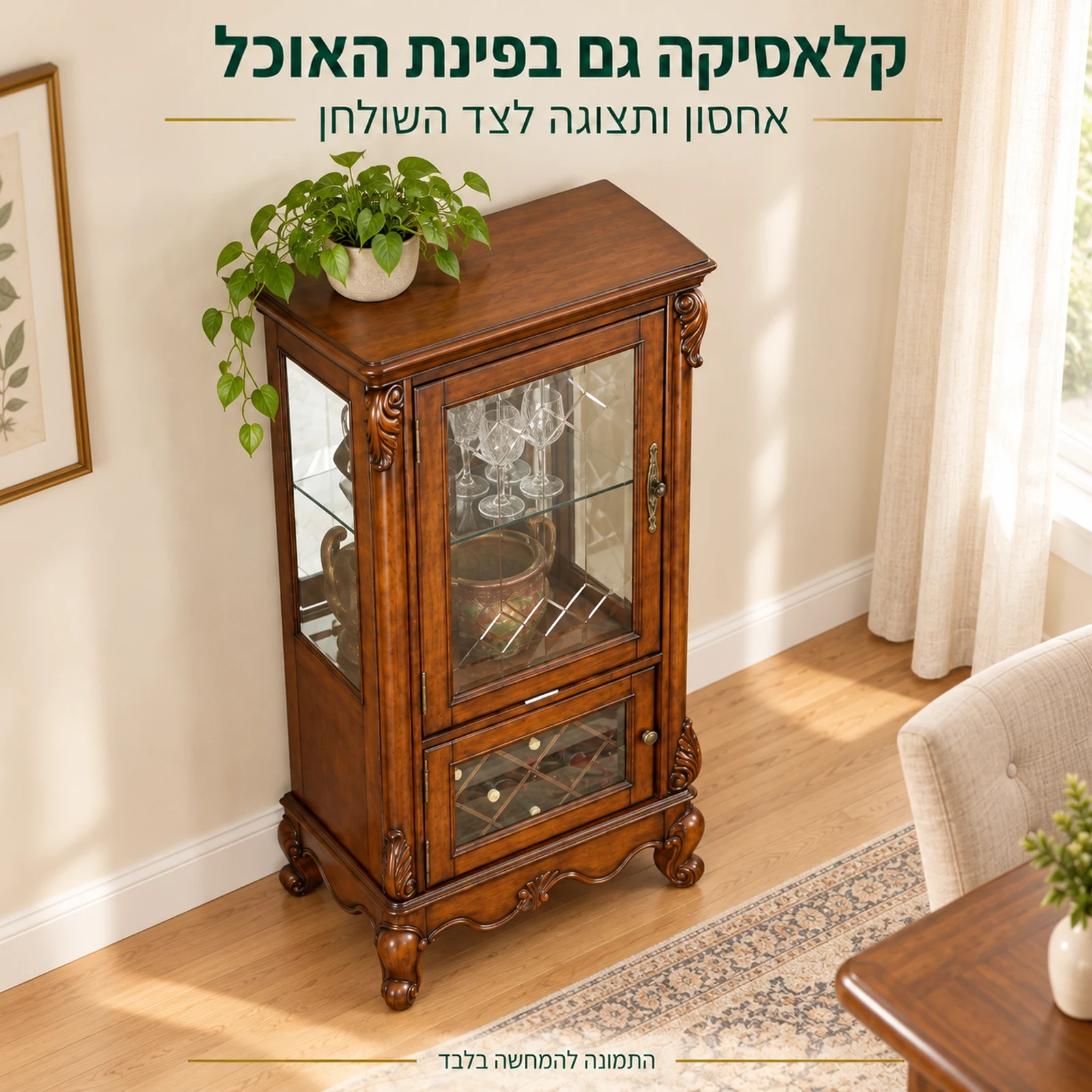 ויטרינה קלאסית מעץ מלא בפינת אוכל, במבט מלמעלה